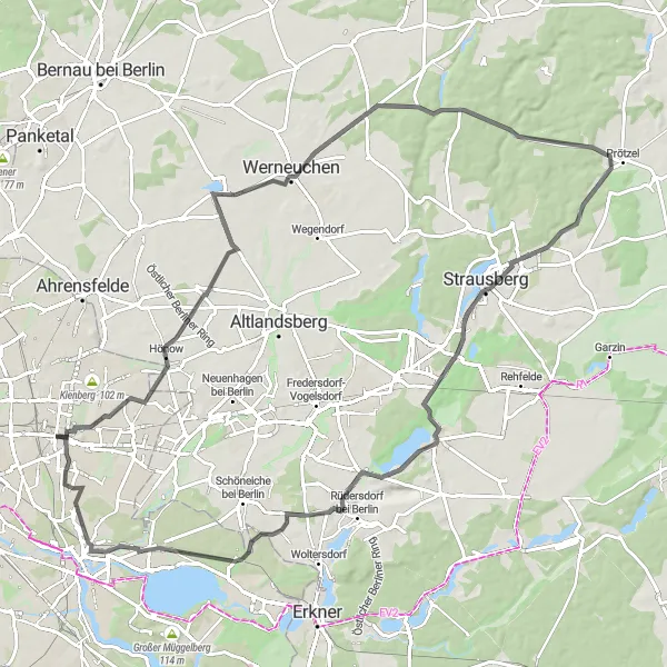 Karten-Miniaturansicht der Radinspiration "Rundweg über Strausberg und Werneuchen" in Berlin, Germany. Erstellt vom Tarmacs.app-Routenplaner für Radtouren