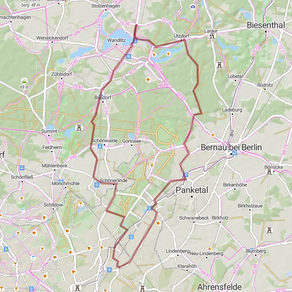 Map miniature of "Hidden Gems Gravel Ride" cycling inspiration in Berlin, Germany. Generated by Tarmacs.app cycling route planner