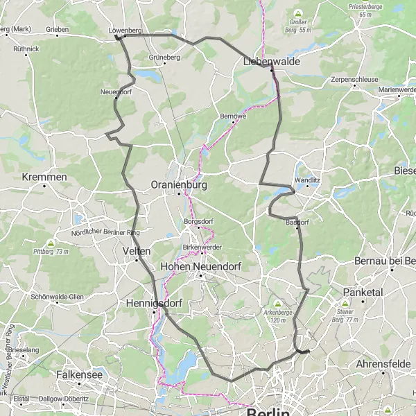 Karten-Miniaturansicht der Radinspiration "Historische Radtour durch Velten und Liebenwalde" in Berlin, Germany. Erstellt vom Tarmacs.app-Routenplaner für Radtouren