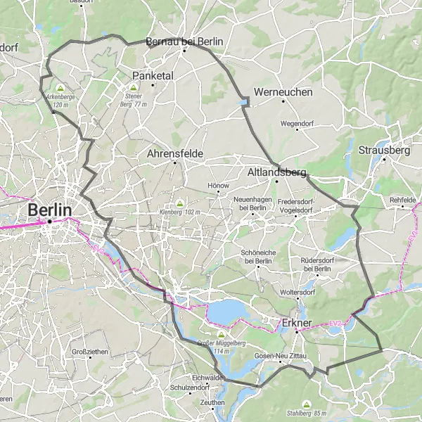 Map miniature of "The Eastern Circuit" cycling inspiration in Berlin, Germany. Generated by Tarmacs.app cycling route planner