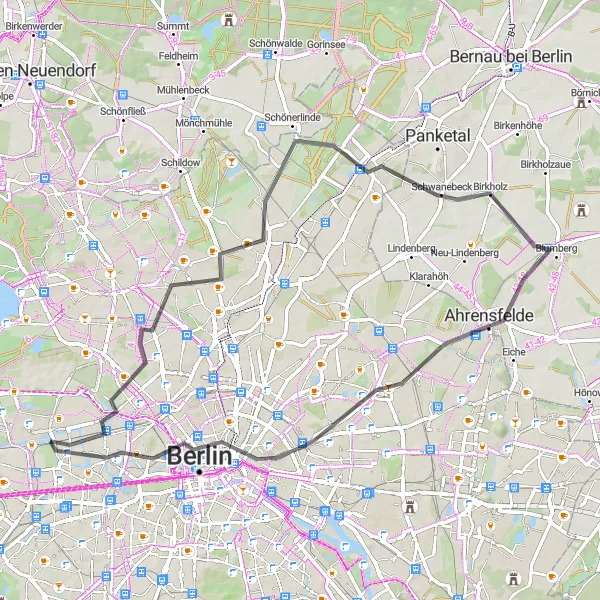 Karten-Miniaturansicht der Radinspiration "Dörfer und Naturpfade Rundfahrt" in Berlin, Germany. Erstellt vom Tarmacs.app-Routenplaner für Radtouren