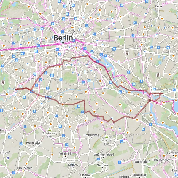 Map miniature of "Bridges of Berlin Gravel Adventure" cycling inspiration in Berlin, Germany. Generated by Tarmacs.app cycling route planner