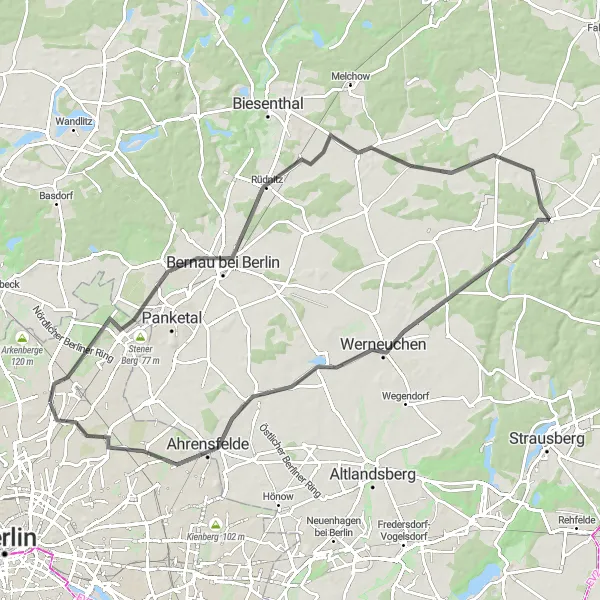 Map miniature of "Adventure in the Barnim Nature Park" cycling inspiration in Berlin, Germany. Generated by Tarmacs.app cycling route planner