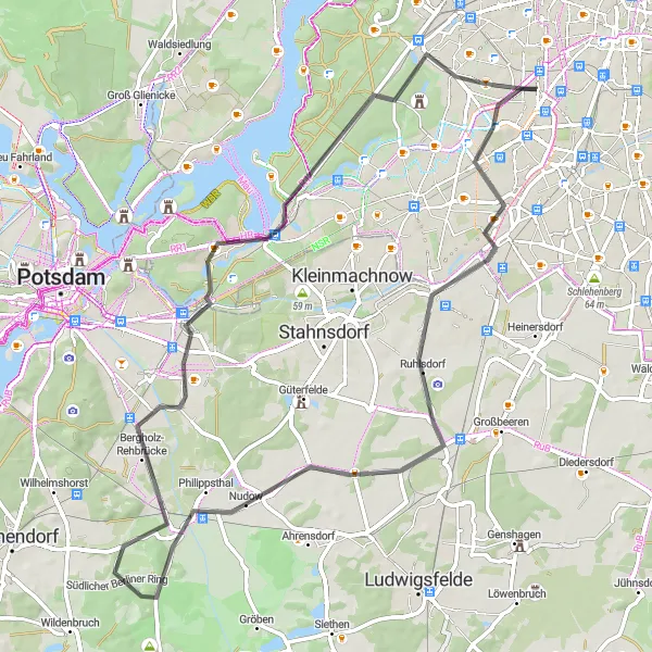 Map miniature of "Exploring the Southern Suburbs" cycling inspiration in Berlin, Germany. Generated by Tarmacs.app cycling route planner