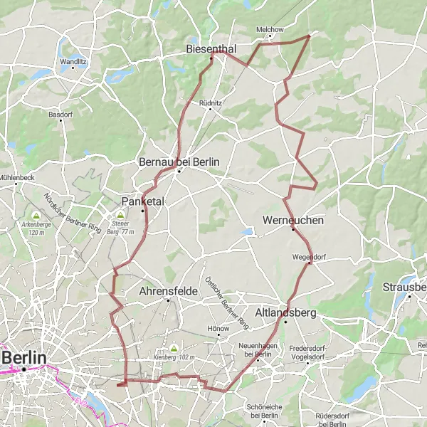 Map miniature of "Berlin Gravel Adventure" cycling inspiration in Berlin, Germany. Generated by Tarmacs.app cycling route planner