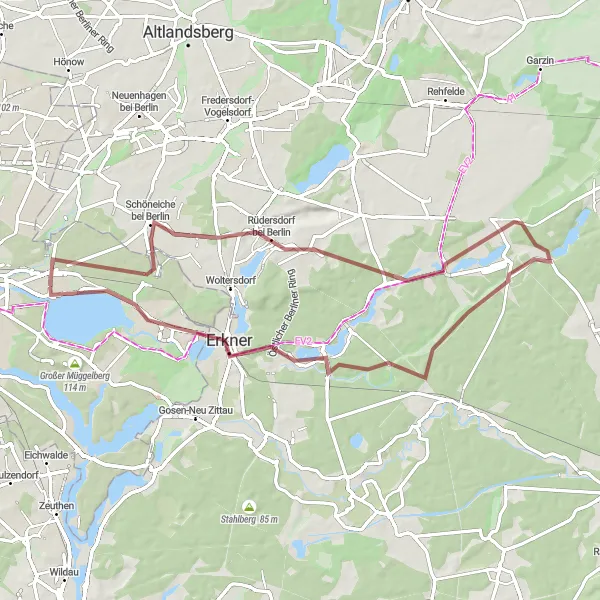 Map miniature of "Scenic Gravel Ride through Eastern Berlin" cycling inspiration in Berlin, Germany. Generated by Tarmacs.app cycling route planner