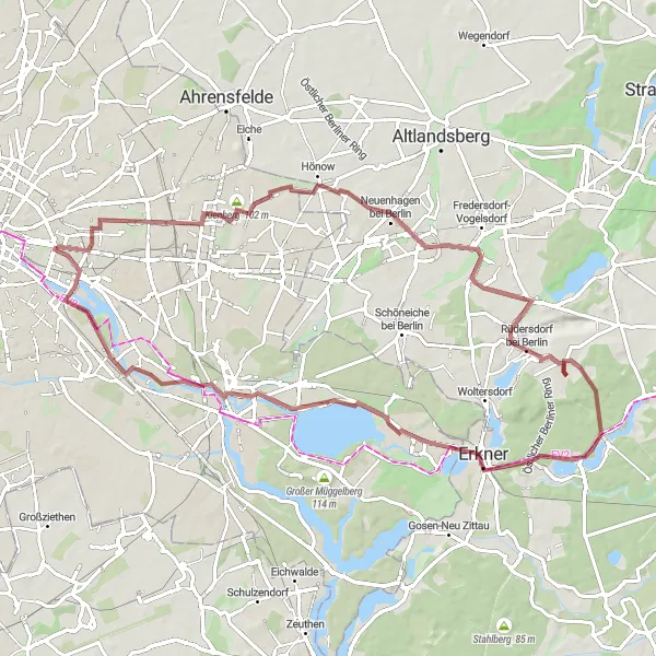 Map miniature of "Gravel Tour around Friedrichshain" cycling inspiration in Berlin, Germany. Generated by Tarmacs.app cycling route planner