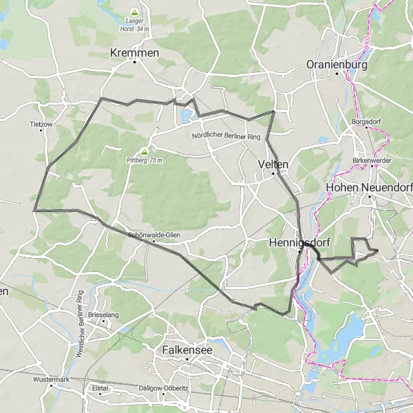Map miniature of "From Frohnau to Hennigsdorf via Schönwalde-Glien and Vehlefanz" cycling inspiration in Berlin, Germany. Generated by Tarmacs.app cycling route planner