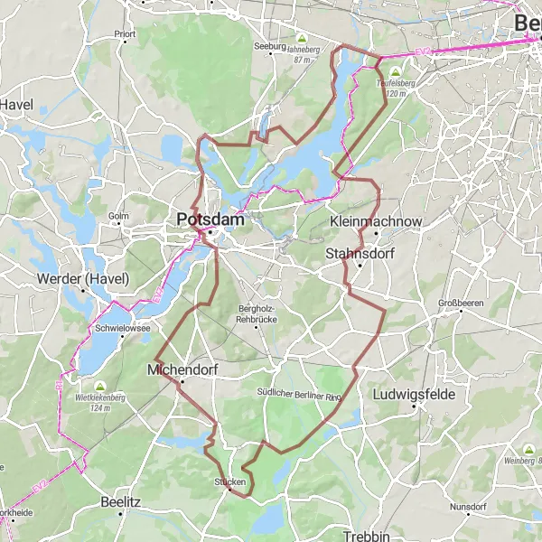 Map miniature of "Gatow - Plateau - Stahnsdorf - Groben - Grämitzberge - Berg Hohengatow" cycling inspiration in Berlin, Germany. Generated by Tarmacs.app cycling route planner