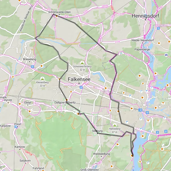 Map miniature of "Gatow - Schönwalde-Glien - Falkenhöh - Windmühlenberg" cycling inspiration in Berlin, Germany. Generated by Tarmacs.app cycling route planner