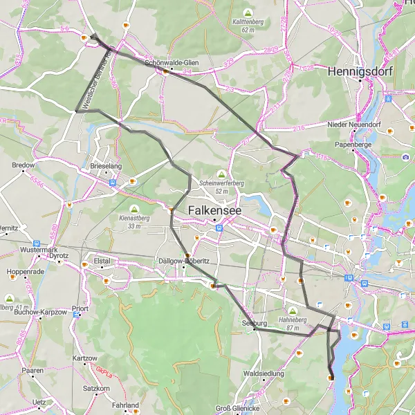 Map miniature of "Gatow - Dallgow-Döberitz - Paaren im Glien - Falkenhöh - Windmühlenberg" cycling inspiration in Berlin, Germany. Generated by Tarmacs.app cycling route planner