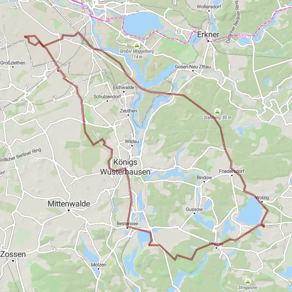 Map miniature of "Lakes and Forests Gravel Ride" cycling inspiration in Berlin, Germany. Generated by Tarmacs.app cycling route planner