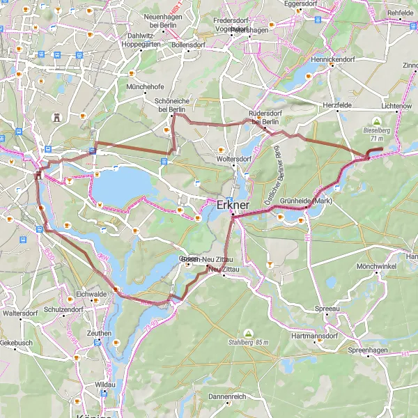 Karten-Miniaturansicht der Radinspiration "Rüdersdorf bei Berlin und Schmöckwitz Rundweg" in Berlin, Germany. Erstellt vom Tarmacs.app-Routenplaner für Radtouren