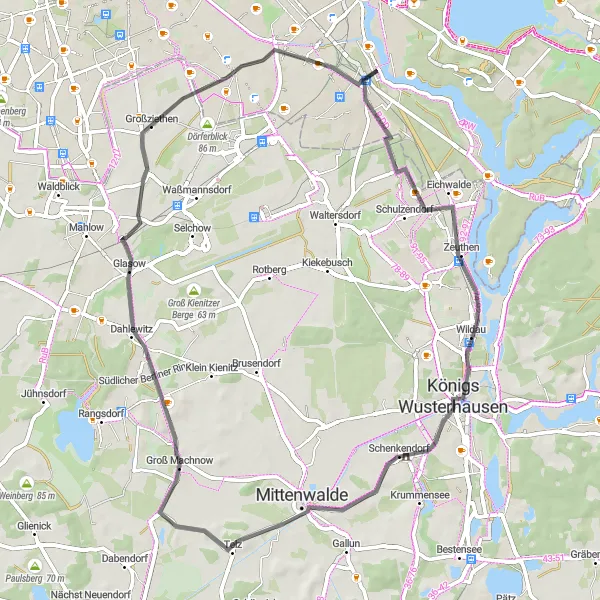 Map miniature of "Road Adventure to Königs Wusterhausen" cycling inspiration in Berlin, Germany. Generated by Tarmacs.app cycling route planner