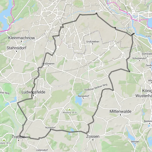 Map miniature of "Challenging Road Cycling Route to Ludwigsfelde" cycling inspiration in Berlin, Germany. Generated by Tarmacs.app cycling route planner