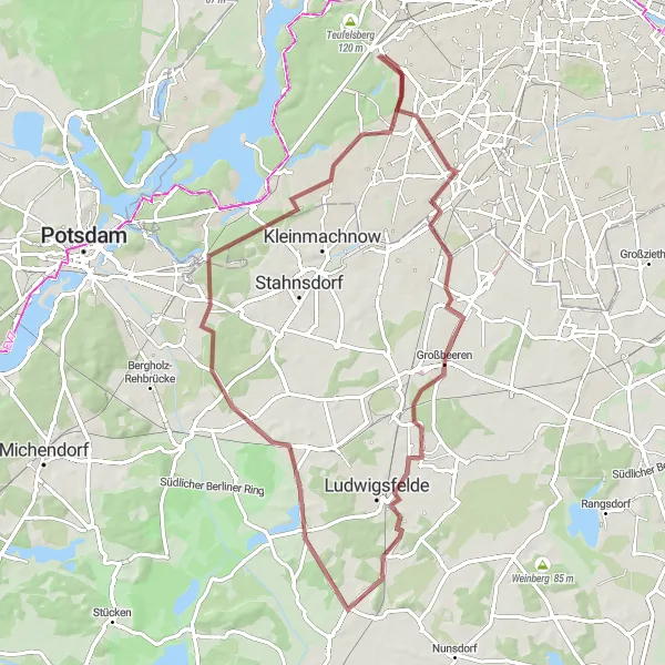 Map miniature of "Gravel Route to Kerzendorf and Thyrower Berg" cycling inspiration in Berlin, Germany. Generated by Tarmacs.app cycling route planner