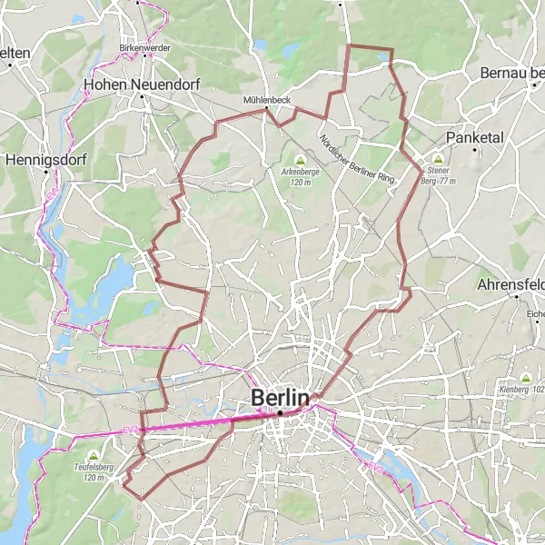 Karten-Miniaturansicht der Radinspiration "Entspannte Graveltour durch die Natur um Berlin" in Berlin, Germany. Erstellt vom Tarmacs.app-Routenplaner für Radtouren