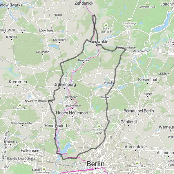 Karten-Miniaturansicht der Radinspiration "Märkische Höhenroute" in Berlin, Germany. Erstellt vom Tarmacs.app-Routenplaner für Radtouren
