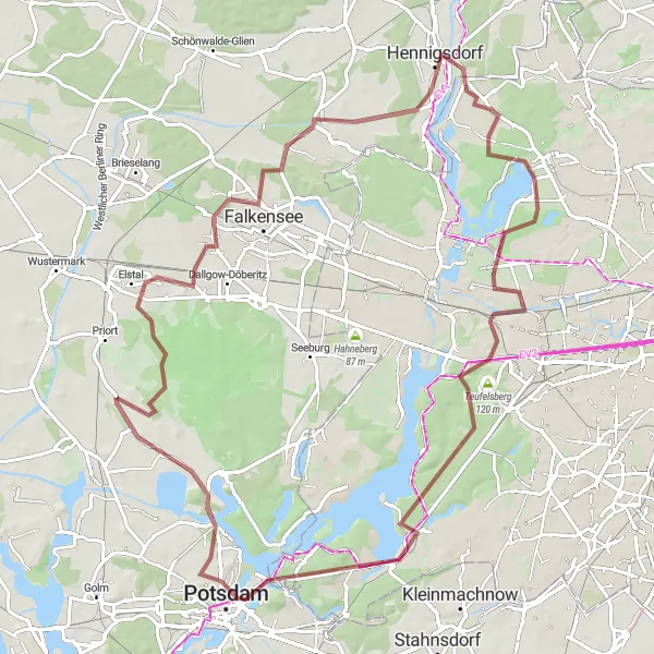 Map miniature of "Heiligensee to Hennigsdorf Loop - Gravel Bike Route" cycling inspiration in Berlin, Germany. Generated by Tarmacs.app cycling route planner
