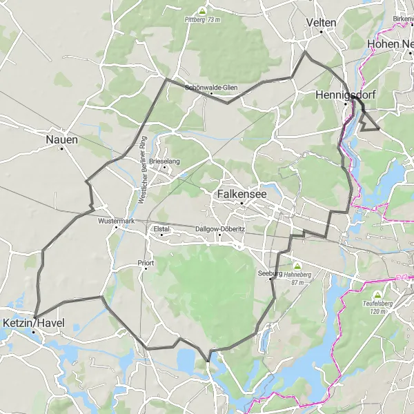 Map miniature of "Lakes and Villages" cycling inspiration in Berlin, Germany. Generated by Tarmacs.app cycling route planner