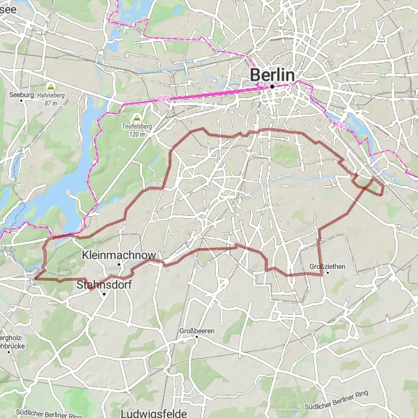 Karten-Miniaturansicht der Radinspiration "Gravelabenteuer Großziethen und Tannenberge" in Berlin, Germany. Erstellt vom Tarmacs.app-Routenplaner für Radtouren