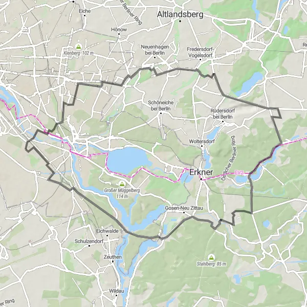 Map miniature of "Road to Falkenberg" cycling inspiration in Berlin, Germany. Generated by Tarmacs.app cycling route planner