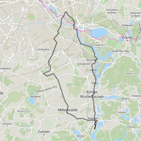 Map miniature of "Karlshorst-Bestensee Loop" cycling inspiration in Berlin, Germany. Generated by Tarmacs.app cycling route planner