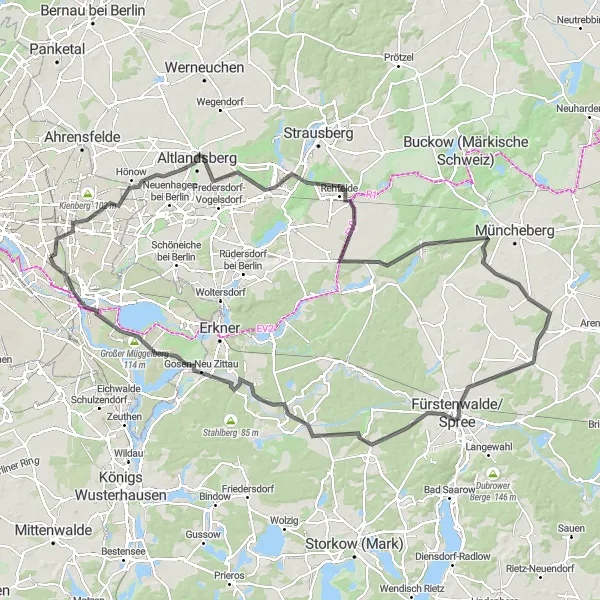 Map miniature of "Eastern Exploration" cycling inspiration in Berlin, Germany. Generated by Tarmacs.app cycling route planner