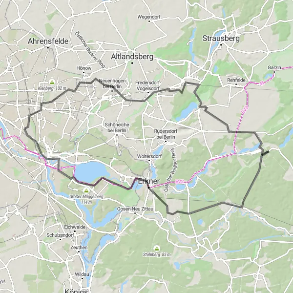 Map miniature of "Exploring the Eastern Suburbs" cycling inspiration in Berlin, Germany. Generated by Tarmacs.app cycling route planner