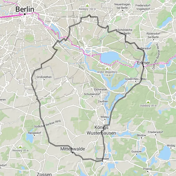 Map miniature of "Berlin's Countryside Loop" cycling inspiration in Berlin, Germany. Generated by Tarmacs.app cycling route planner