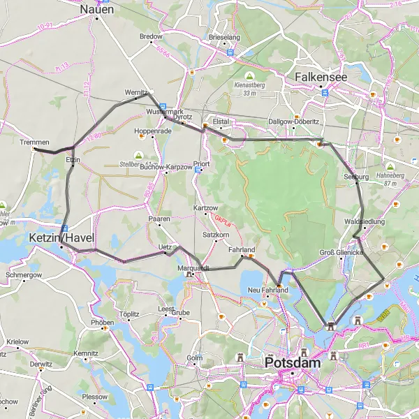 Map miniature of "Sacrower See Road Route" cycling inspiration in Berlin, Germany. Generated by Tarmacs.app cycling route planner