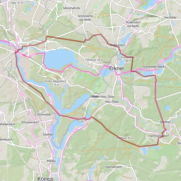 Map miniature of "Scenic Route through Woltersdorf and Schloss Köpenick" cycling inspiration in Berlin, Germany. Generated by Tarmacs.app cycling route planner