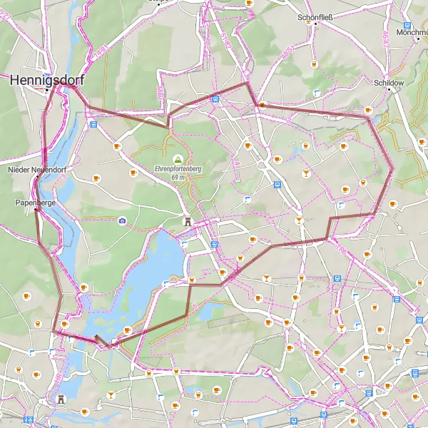 Karten-Miniaturansicht der Radinspiration "Graveltour Konradshöhe - Möritz-Gedenkplatz" in Berlin, Germany. Erstellt vom Tarmacs.app-Routenplaner für Radtouren