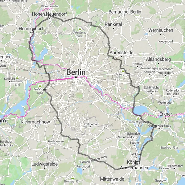 Map miniature of "Konradshöhe to Königs Wusterhausen" cycling inspiration in Berlin, Germany. Generated by Tarmacs.app cycling route planner