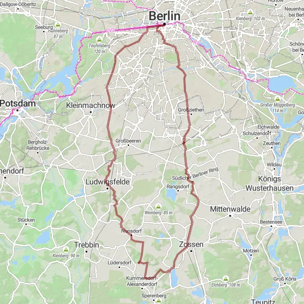 Map miniature of "Southern Borders Gravel Challenge" cycling inspiration in Berlin, Germany. Generated by Tarmacs.app cycling route planner