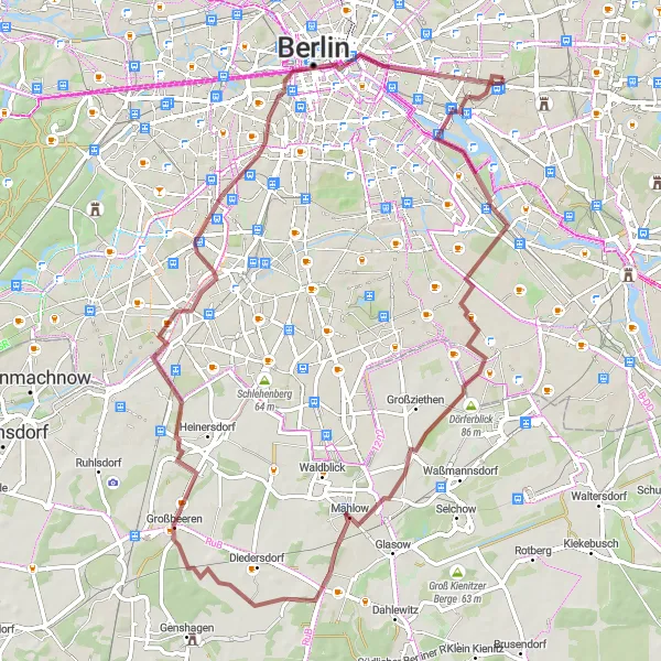 Map miniature of "Gravel route from Lichtenberg" cycling inspiration in Berlin, Germany. Generated by Tarmacs.app cycling route planner