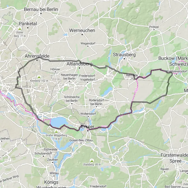 Karten-Miniaturansicht der Radinspiration "Tour um die Müggelspree" in Berlin, Germany. Erstellt vom Tarmacs.app-Routenplaner für Radtouren