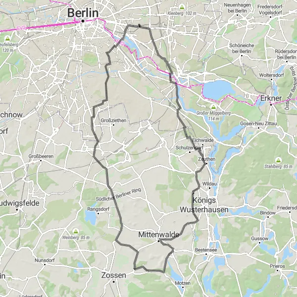 Map miniature of "Road route from Lichtenberg" cycling inspiration in Berlin, Germany. Generated by Tarmacs.app cycling route planner