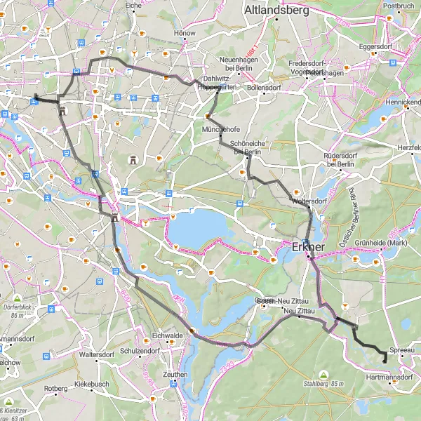 Map miniature of "Lichtenberg-Road Adventure Extraordinaire" cycling inspiration in Berlin, Germany. Generated by Tarmacs.app cycling route planner