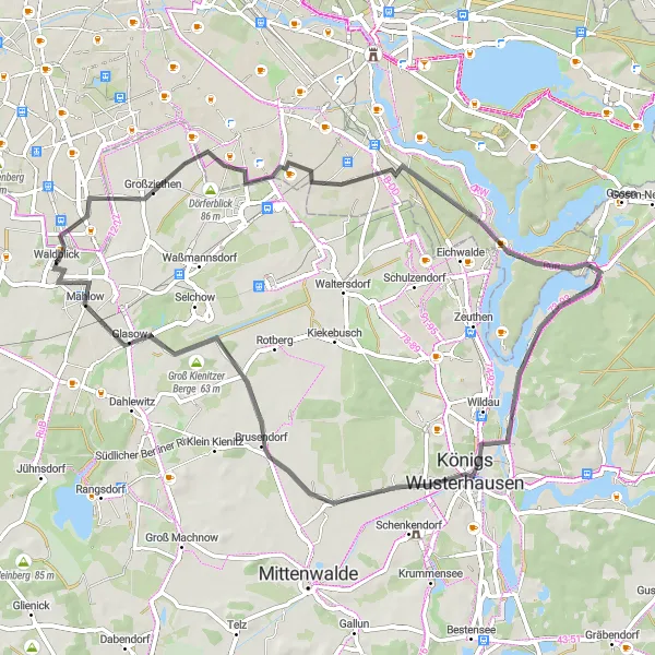 Map miniature of "Lichtenrade to Großziethen and Mahlow Loop" cycling inspiration in Berlin, Germany. Generated by Tarmacs.app cycling route planner