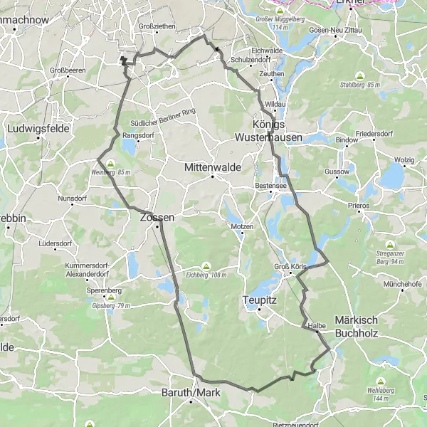 Map miniature of "Lichtenrade to Kleinziethen and Königs Wusterhausen Loop" cycling inspiration in Berlin, Germany. Generated by Tarmacs.app cycling route planner