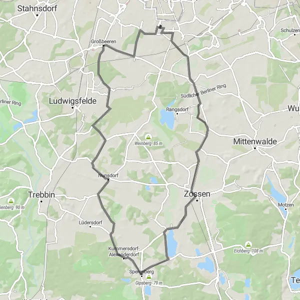 Map miniature of "Lichtenrade to Sperenberg and Waldblick Loop" cycling inspiration in Berlin, Germany. Generated by Tarmacs.app cycling route planner