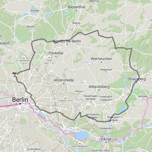 Map miniature of "Berlin Road Adventure" cycling inspiration in Berlin, Germany. Generated by Tarmacs.app cycling route planner