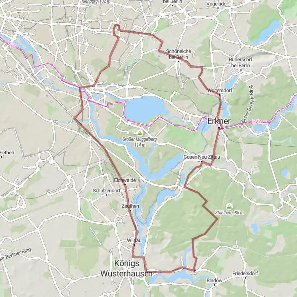 Map miniature of "Escape to Wildau via Aussichtspunkt Bunkerberg and Eichberg" cycling inspiration in Berlin, Germany. Generated by Tarmacs.app cycling route planner