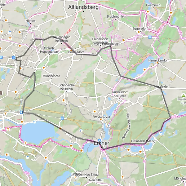 Map miniature of "Mahlsdorf to Neuenhagen bei Berlin and back" cycling inspiration in Berlin, Germany. Generated by Tarmacs.app cycling route planner