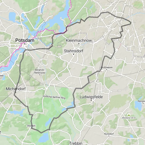 Karten-Miniaturansicht der Radinspiration "Durch die Natur rund um Michendorf" in Berlin, Germany. Erstellt vom Tarmacs.app-Routenplaner für Radtouren