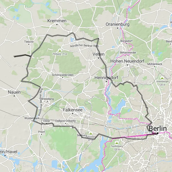 Karten-Miniaturansicht der Radinspiration "Fahrradtour von Mitte durch die Landschaft" in Berlin, Germany. Erstellt vom Tarmacs.app-Routenplaner für Radtouren