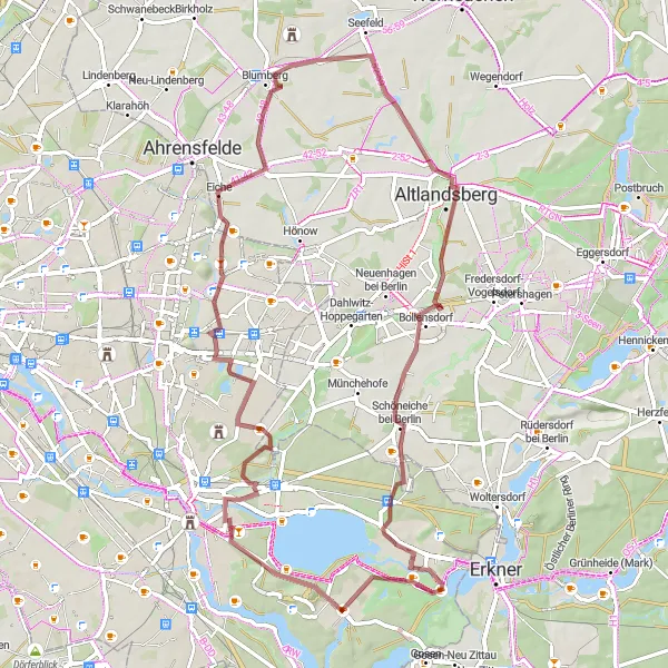 Map miniature of "The Enchanting Gravel Route Exploring Müggelturm and Schonungsberg" cycling inspiration in Berlin, Germany. Generated by Tarmacs.app cycling route planner