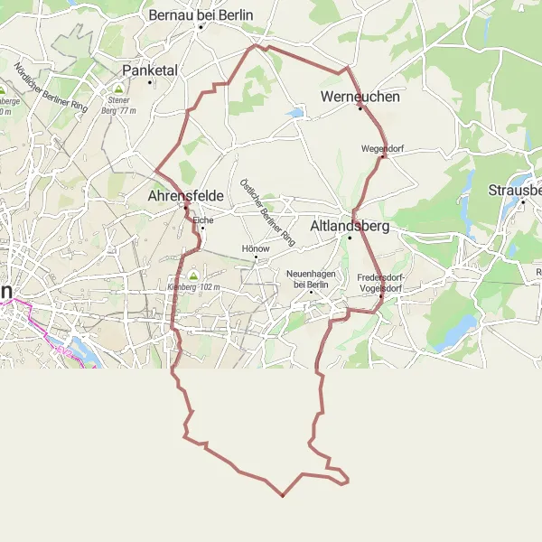 Map miniature of "The Scenic Gravel Route of Müggelheim and Schonungsberg" cycling inspiration in Berlin, Germany. Generated by Tarmacs.app cycling route planner