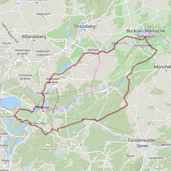 Map miniature of "The Adventurous Gravel Route Through Springeberg and Gosen" cycling inspiration in Berlin, Germany. Generated by Tarmacs.app cycling route planner